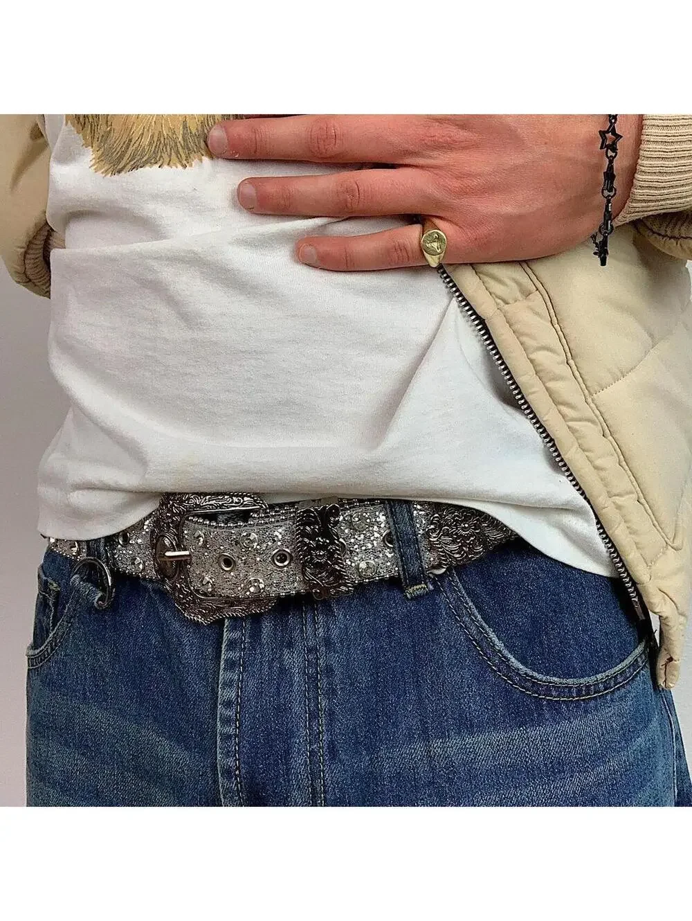 Y2k 2000s style rhinestone crystal grunge silver punk belt. Cool grunge/punk